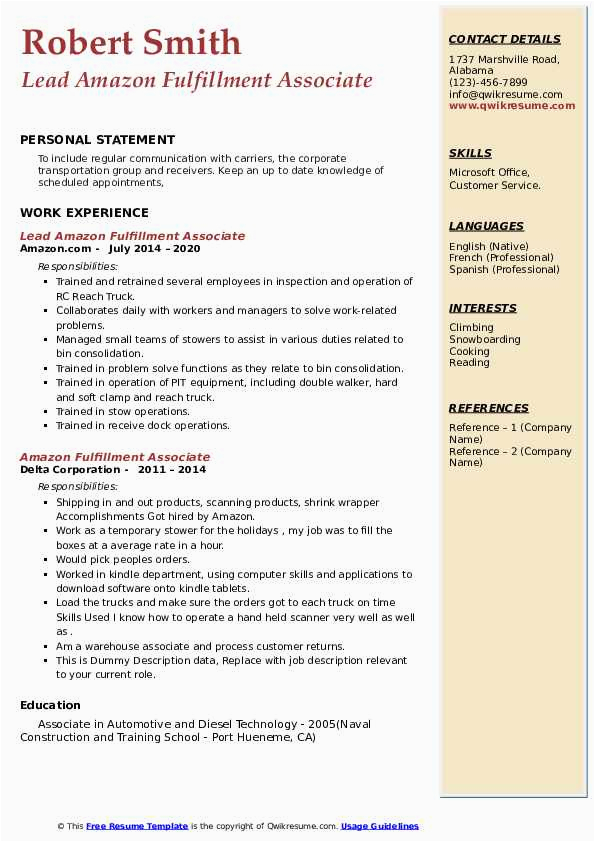 Quality Resume Sample for Lead Fulfillment associate Amazon Fulfillment associate Resume Samples