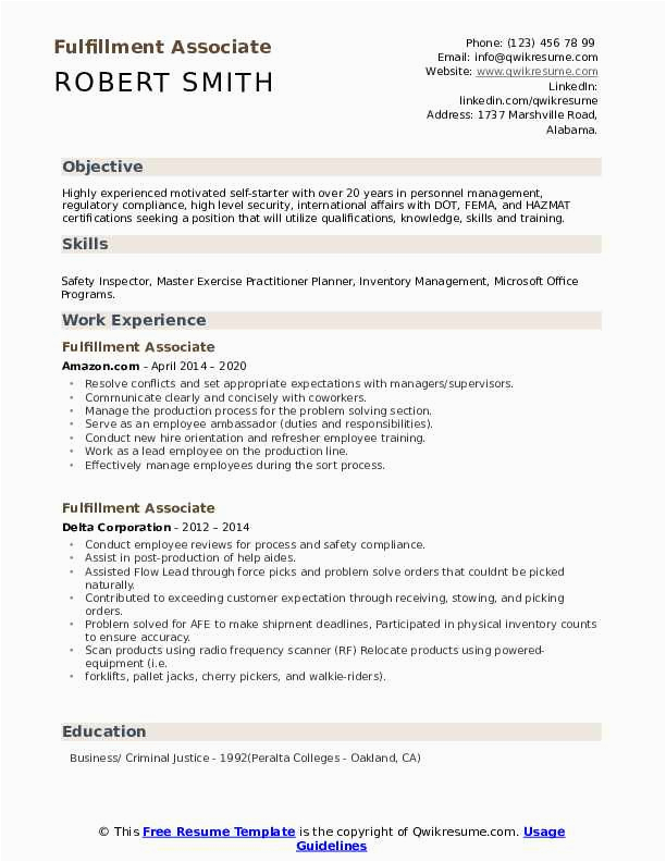 Quality Resume Sample for Lead Fulfillment associate Fulfillment associate Resume Samples