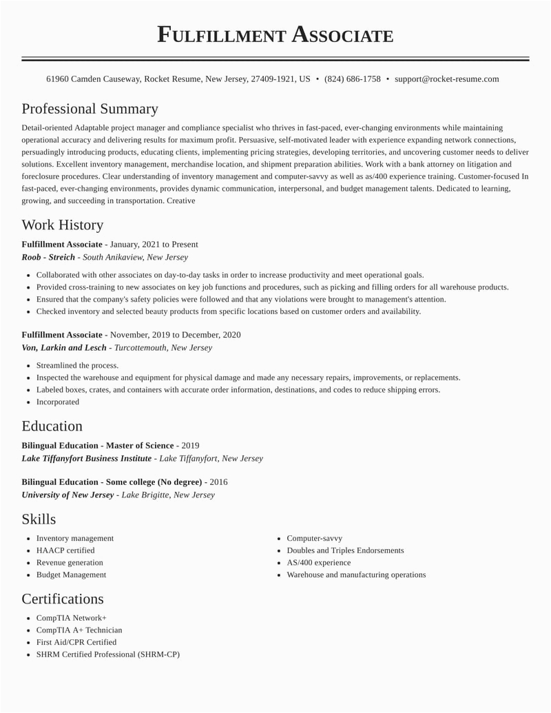 Quality Resume Sample for Lead Fulfillment associate Fulfillment associate Resumes