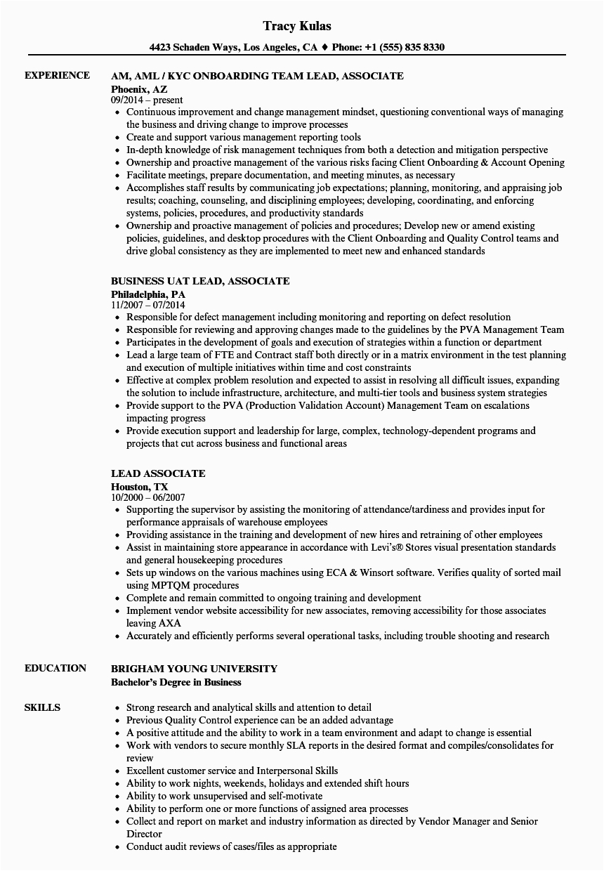 Quality Resume Sample for Lead Fulfillment associate Lead associate Resume Samples