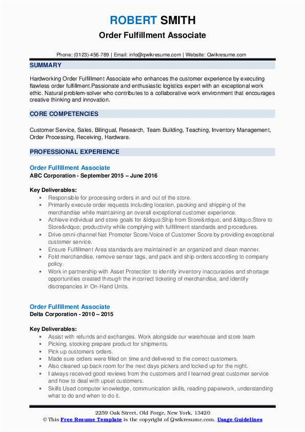 Quality Resume Sample for Lead Fulfillment associate order Fulfillment associate Resume Samples