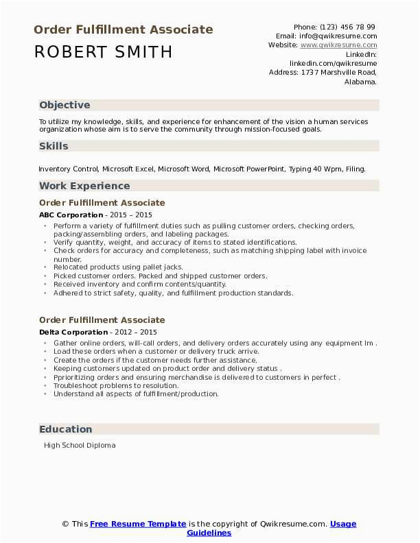 Quality Resume Sample for Lead Fulfillment associate order Fulfillment associate Resume Samples