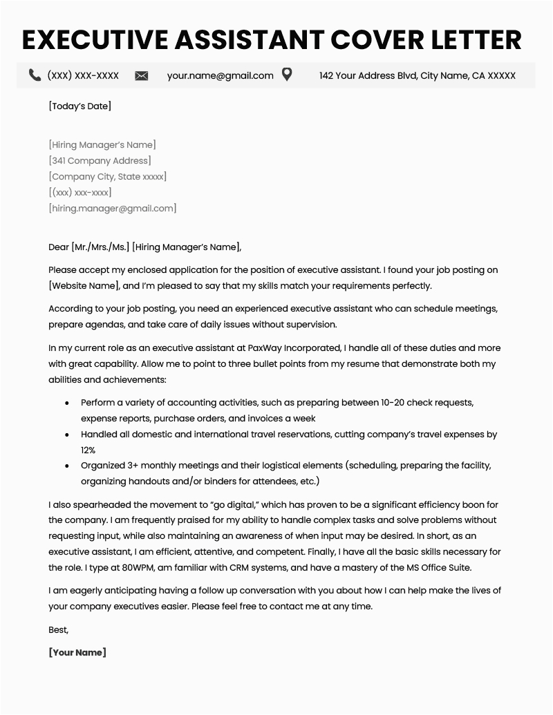 Resume Cover Letter Samples for Executive assistant Executive assistant Cover Letter Example & Tips