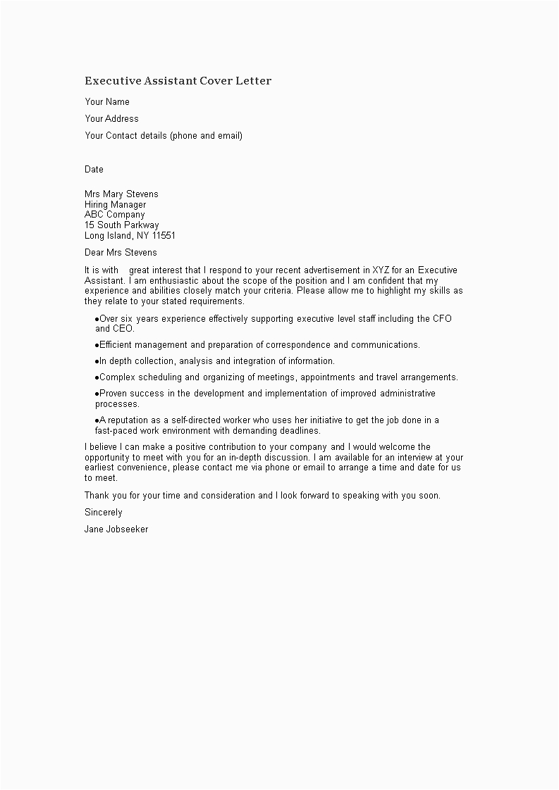 Resume Cover Letter Samples for Executive assistant Executive assistant Resume Cover Letter Template
