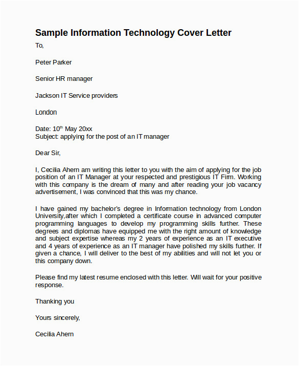 Resume Cover Letter Samples for Information Technology Free 10 Sample Information Technology Cover Letter Templates In Pdf