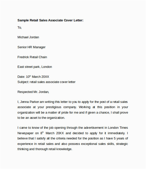 Resume Cover Letter Samples for Retail Sales Free 9 Sample Retail Cover Letter Templates In Pdf