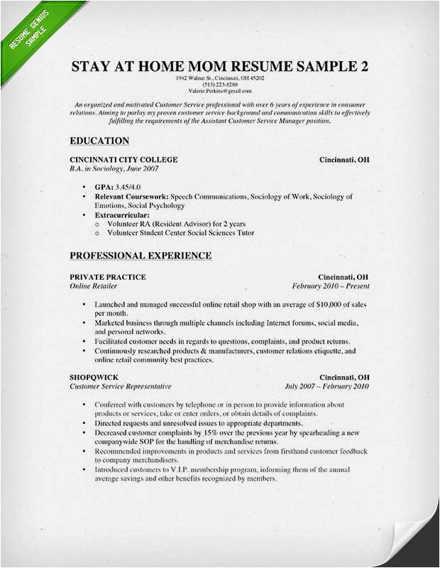 Resume Profile Samples for Stay at Home Moms How to Write A Stay at Home Mom Resume