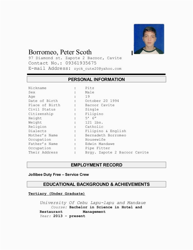 Resume Sample Applying for Service Crew Peter