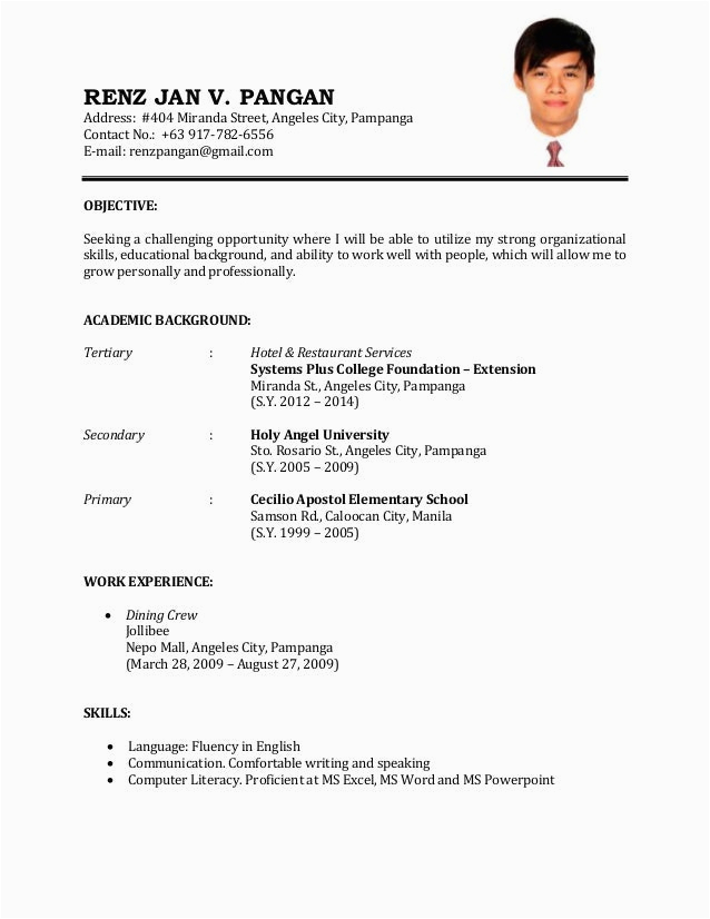 Resume Sample Applying for Service Crew Sample Resume for Jollibee Service Crew