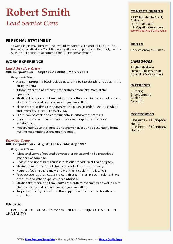 Resume Sample Applying for Service Crew Service Crew Resume Samples