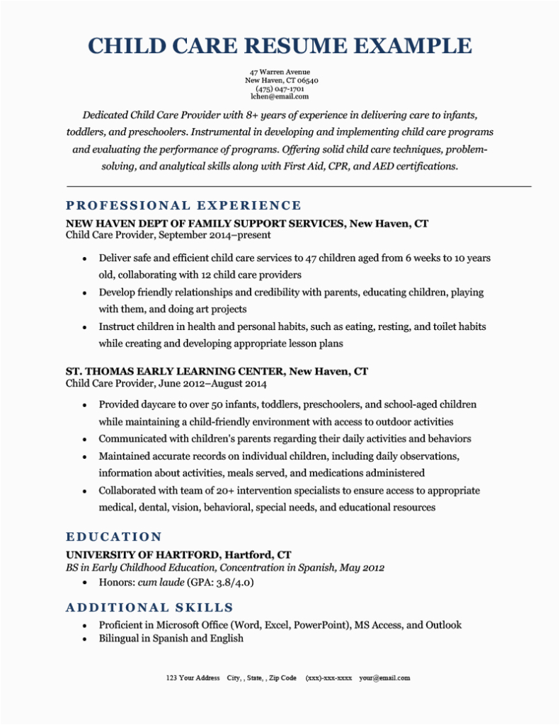 Resume Sample for Child Care Provider Child Care Resume Example & Template