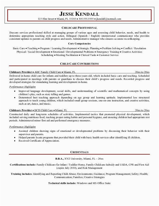 Resume Sample for Child Care Provider Childcare Provider Resume