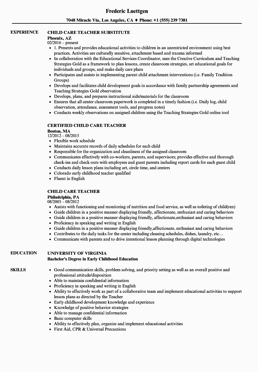 Resume Sample for Child Care Provider Childcare Resume Template Example