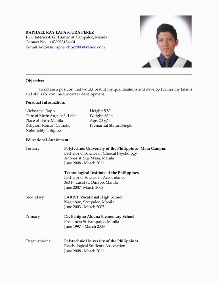 Resume Sample for College Student Philippines Latest Resume