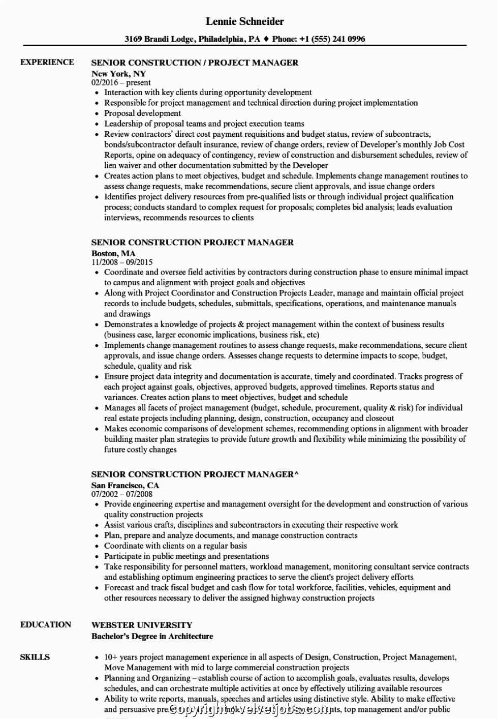 Resume Sample for Construction Project Manager Simple Construction Project Manager Resume Sample Senior
