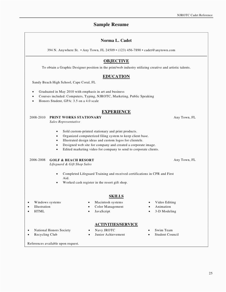 Resume Sample for Deck Cadet Apprenticeship Njrotc Cadet Reference Manual