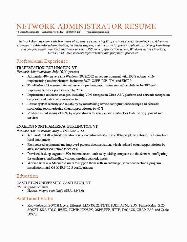 Resume Sample for Network System Technology Network Administrator Resume [sample & Tips]
