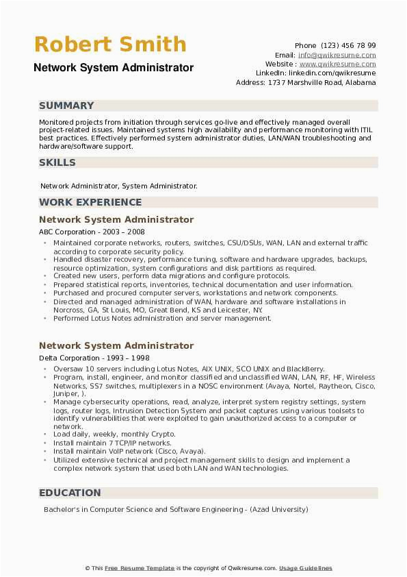 Resume Sample for Network System Technology Network System Administrator Resume Samples