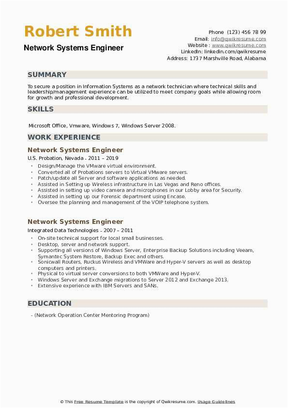 Resume Sample for Network System Technology Network Systems Engineer Resume Samples