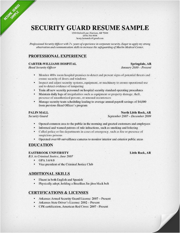 Resume Sample for New Security Guard Security Guard Resume Sample