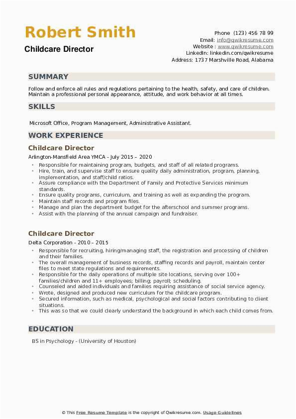 Resume Sample for Non Teaching Staff Childcare Director Resume Samples