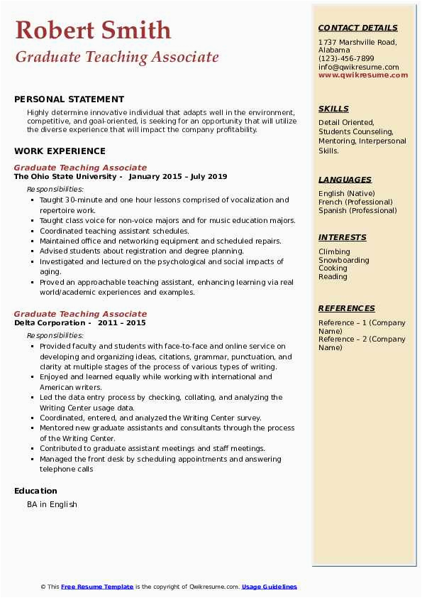 Resume Sample for Non Teaching Staff Graduate Teaching associate Resume Samples