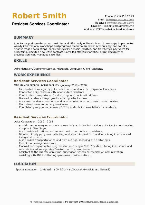 Resume Sample for Non Teaching Staff Resident Services Coordinator Resume Samples