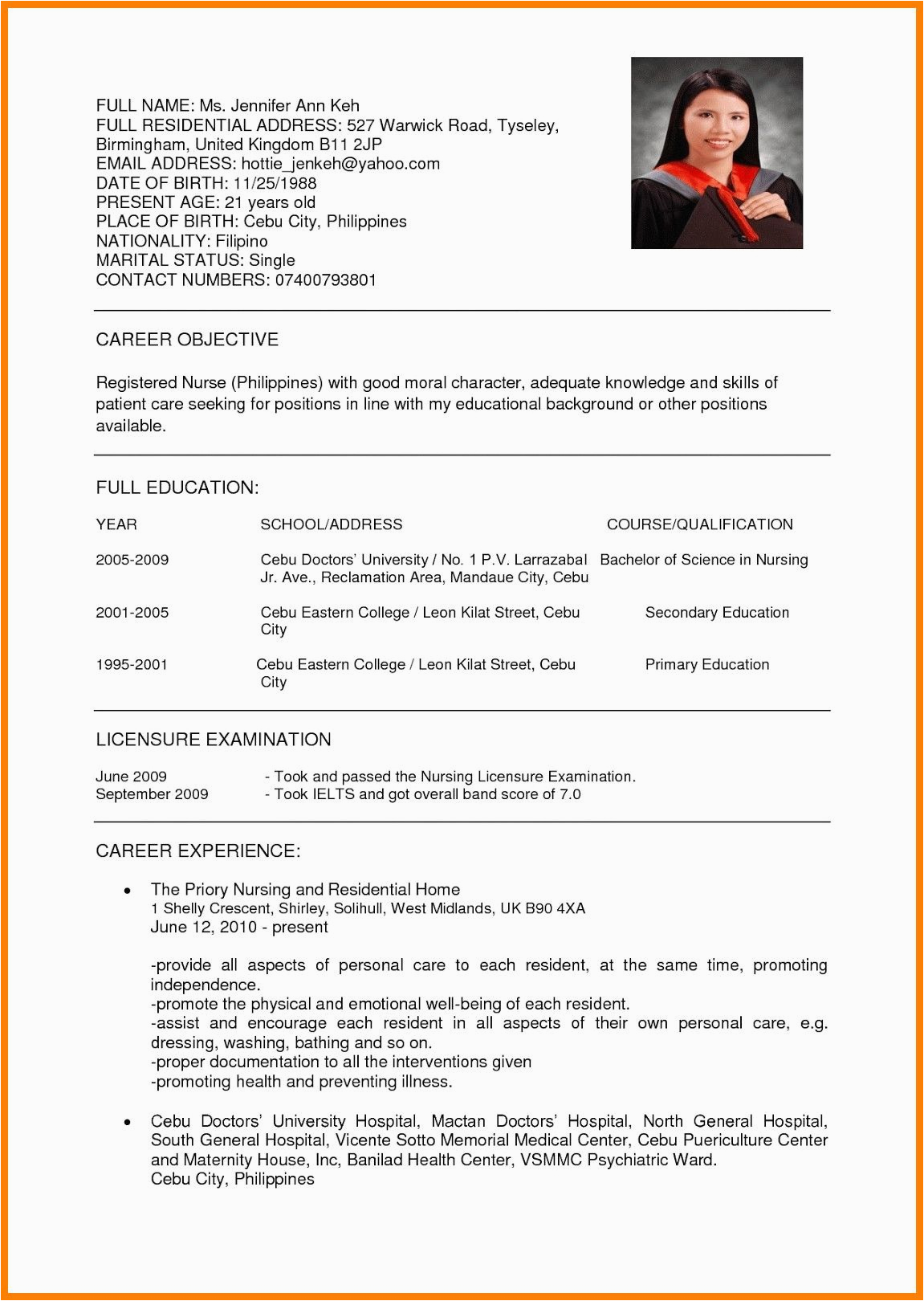 Resume Sample for Nurses In the Philippines Sample Resume format Nurses Philippines