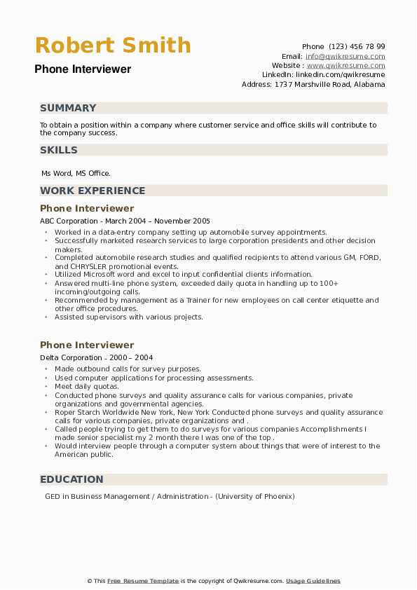Resume Sample with Addresses and Phone Numbers Phone Interviewer Resume Samples