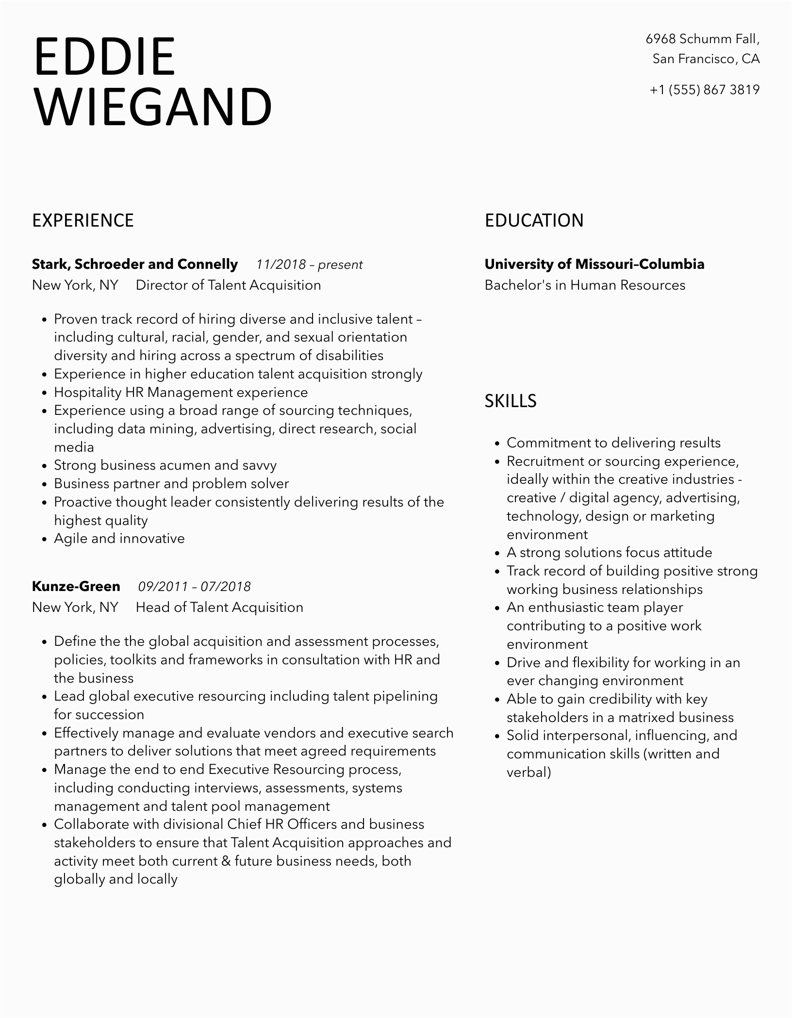 Resume Sample with Eeo and Ofccp Talent Acquisition Resume Samples