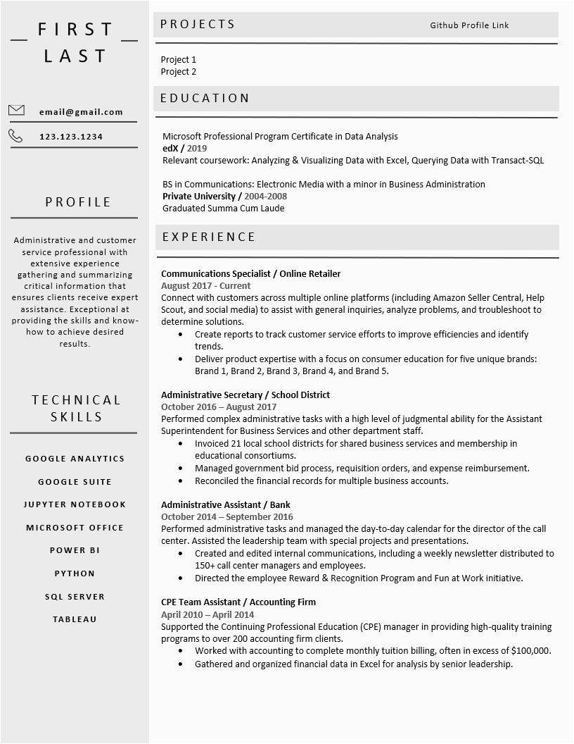 Resume Sample with No Experience for Data Analyst Transitioning From Customer Service to Data Analyst with No