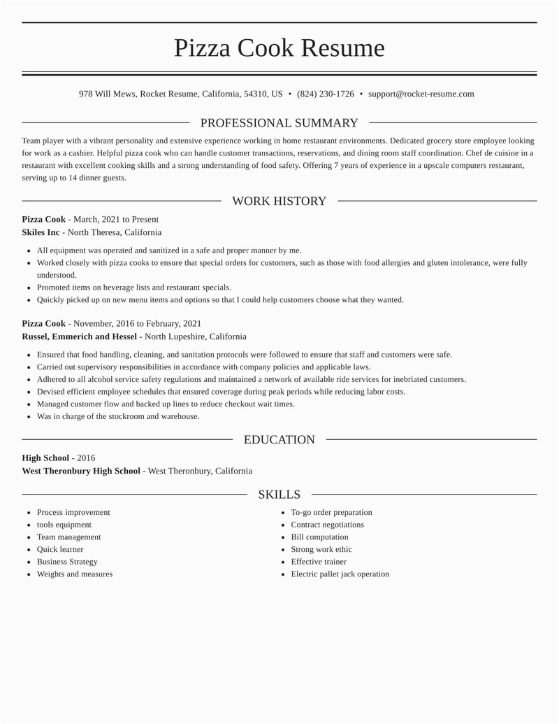 Resume Samples for Restaurant Jobs Cook Pizza Cook Resumes