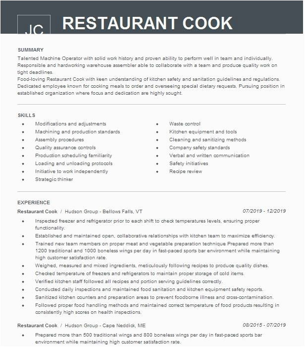 Resume Samples for Restaurant Jobs Cook Restaurant Cook Resume Example French Quarter Bar and Grill