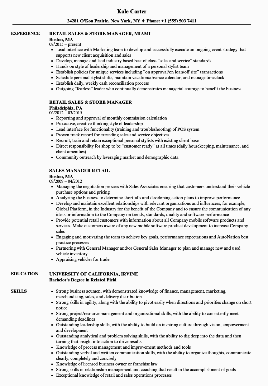 Resume Samples for Retail Management Position Retail Sales Resume