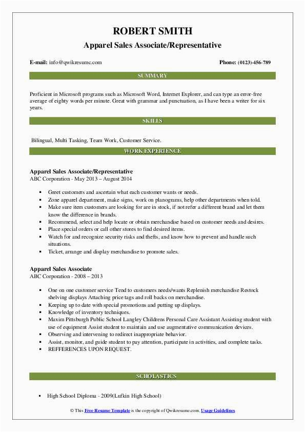 Resume Samples for Sales associate Clothing Apparel Sales associate Resume Samples