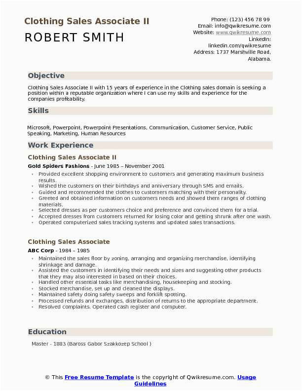 Resume Samples for Sales associate Clothing Clothing Sales associate Resume Samples