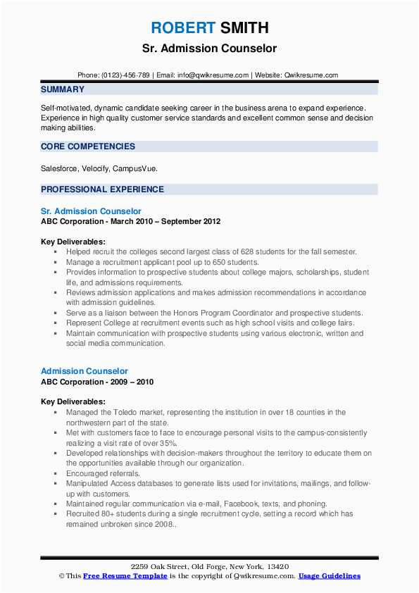 Resume Samples for Seeking Counselor Recommendation Admission Counselor Resume Samples