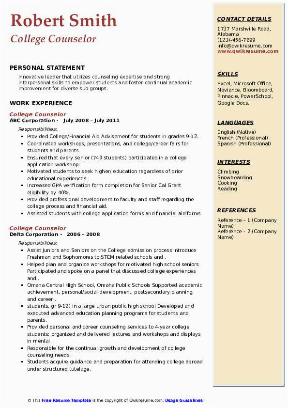Resume Samples for Seeking Counselor Recommendation College Counselor Resume Samples