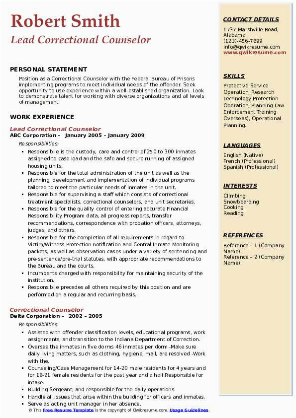 Resume Samples for Seeking Counselor Recommendation Correctional Counselor Resume Samples