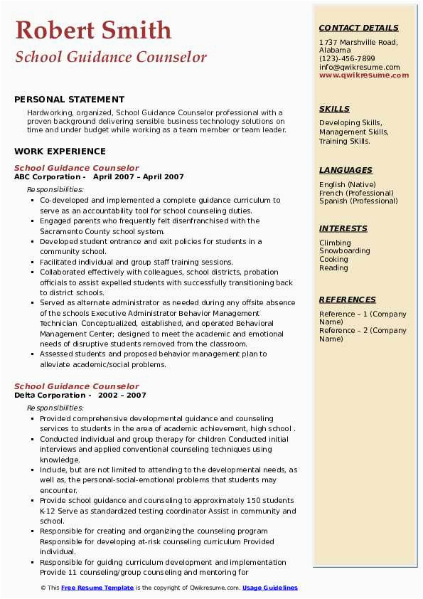 Resume Samples for Seeking Counselor Recommendation School Guidance Counselor Resume Samples
