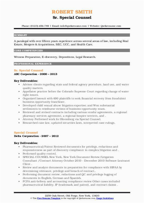 Resume Samples for Seeking Counselor Recommendation Special Counsel Resume Samples