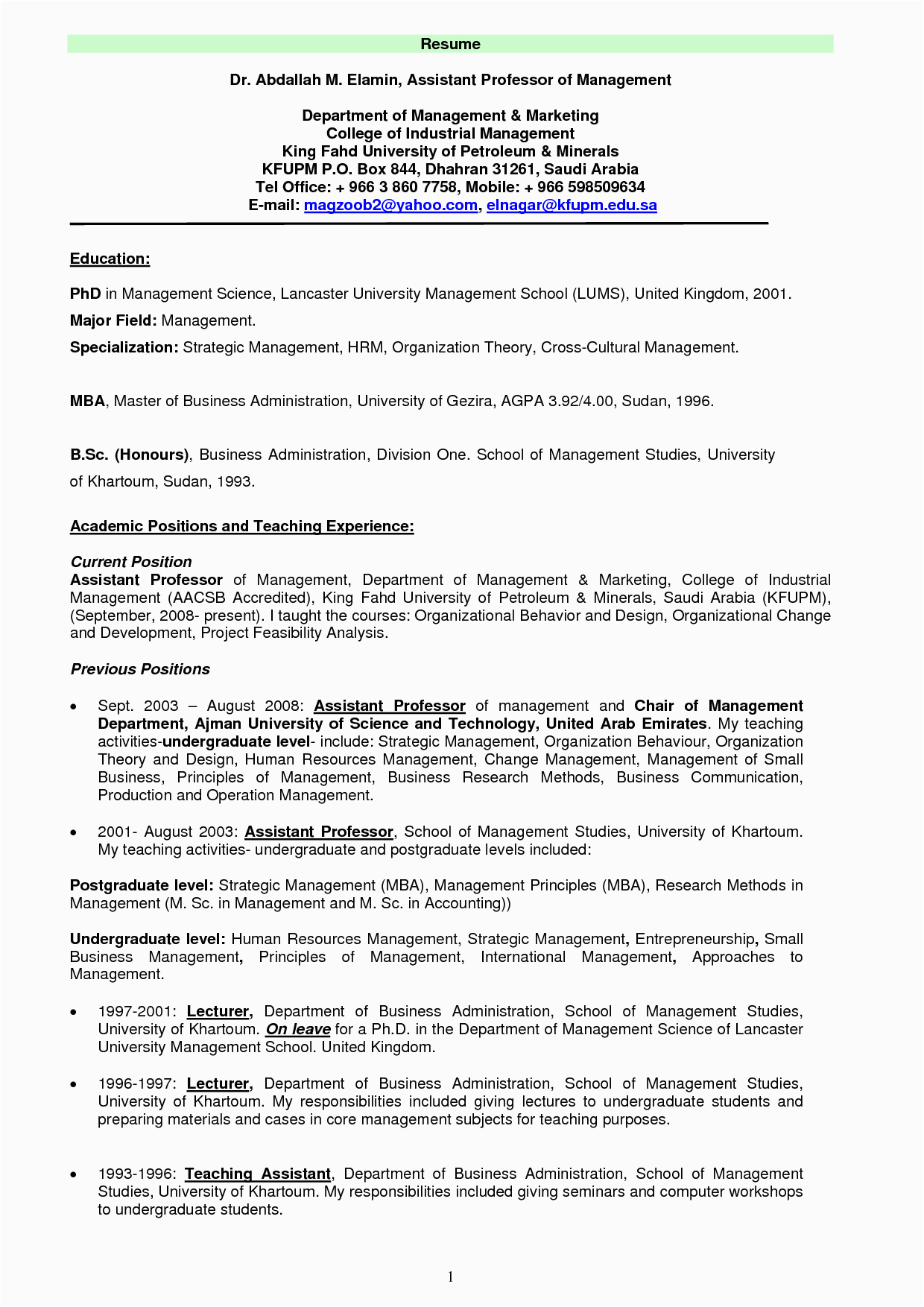 Resume Template for assistant Professor In Engineering College Professor Resume Template