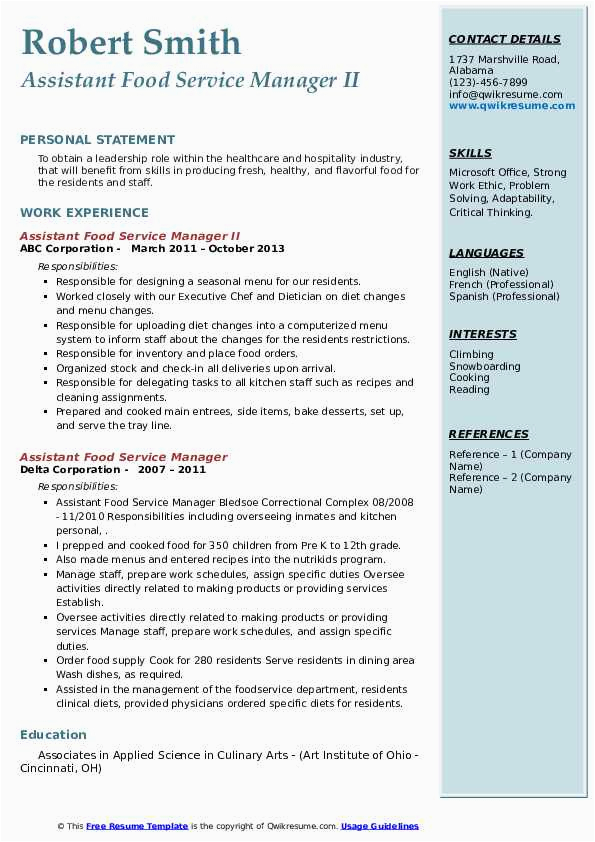 Resume Template for Food Service Industry assistant Food Service Manager Resume Samples