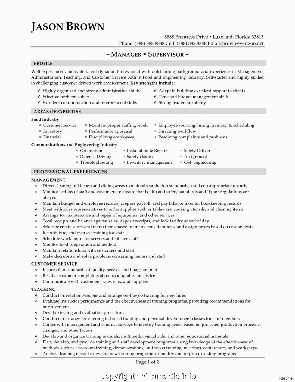 Resume Template for Food Service Industry Example Resume for Food Industry – Resume Writing