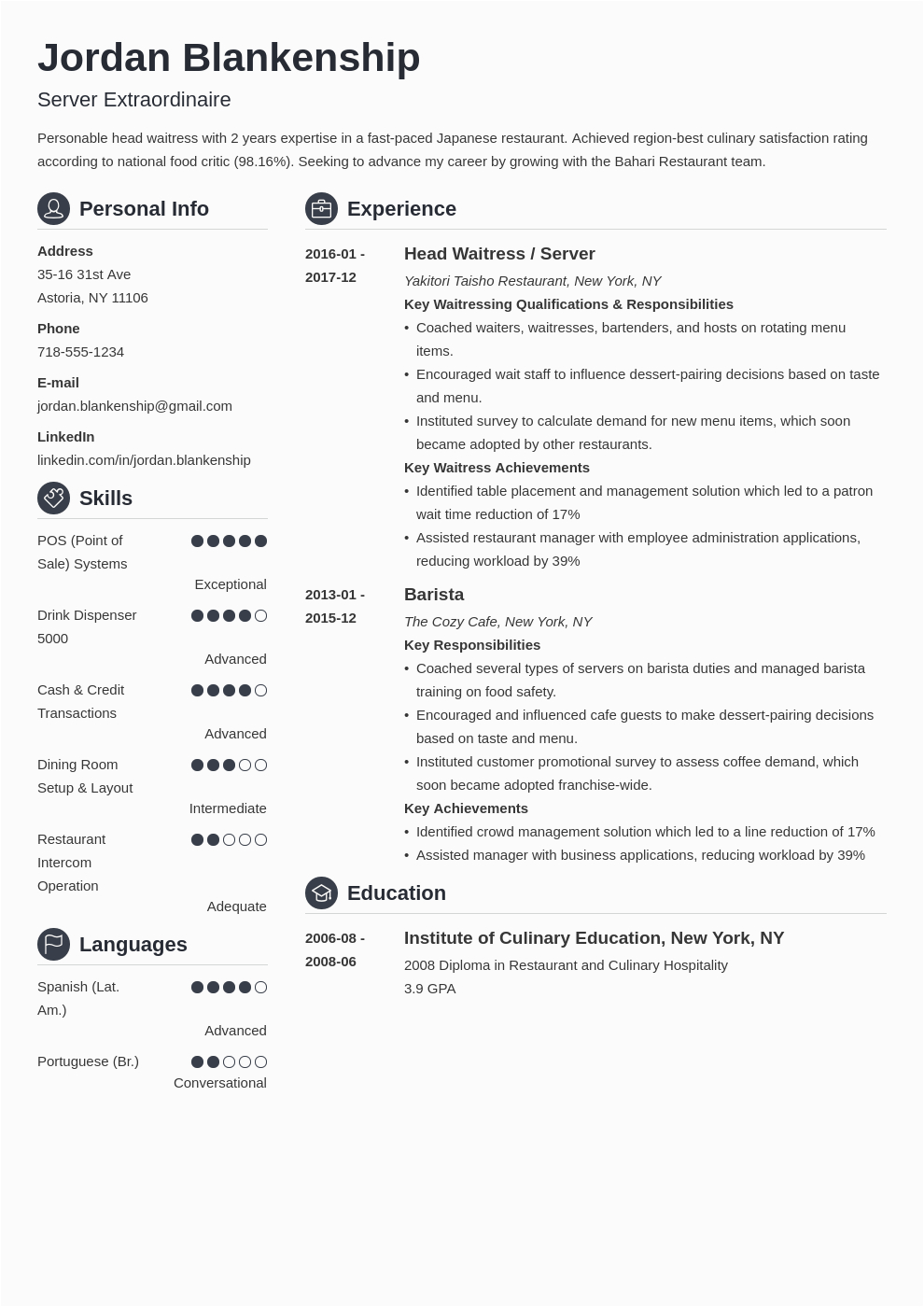 Resume Template for Food Service Industry Food Service Resume Examples [with Skills & Job Description]