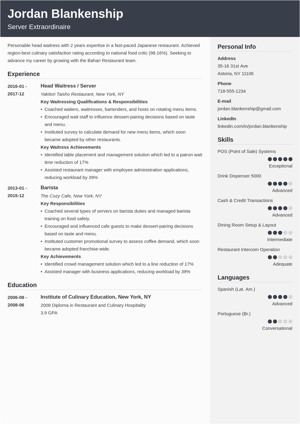 Resume Template for Food Service Industry Food Service Resume Examples [with Skills & Job Description]