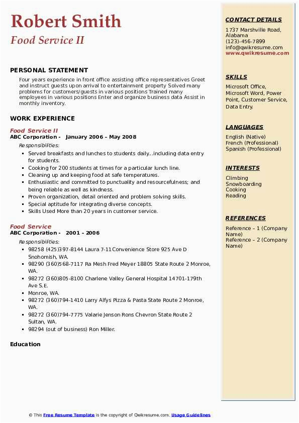 Resume Template for Food Service Industry Food Service Resume Samples