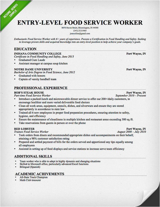 Resume Template for Food Service Industry Food Service Waitress & Waiter Resume Samples & Tips