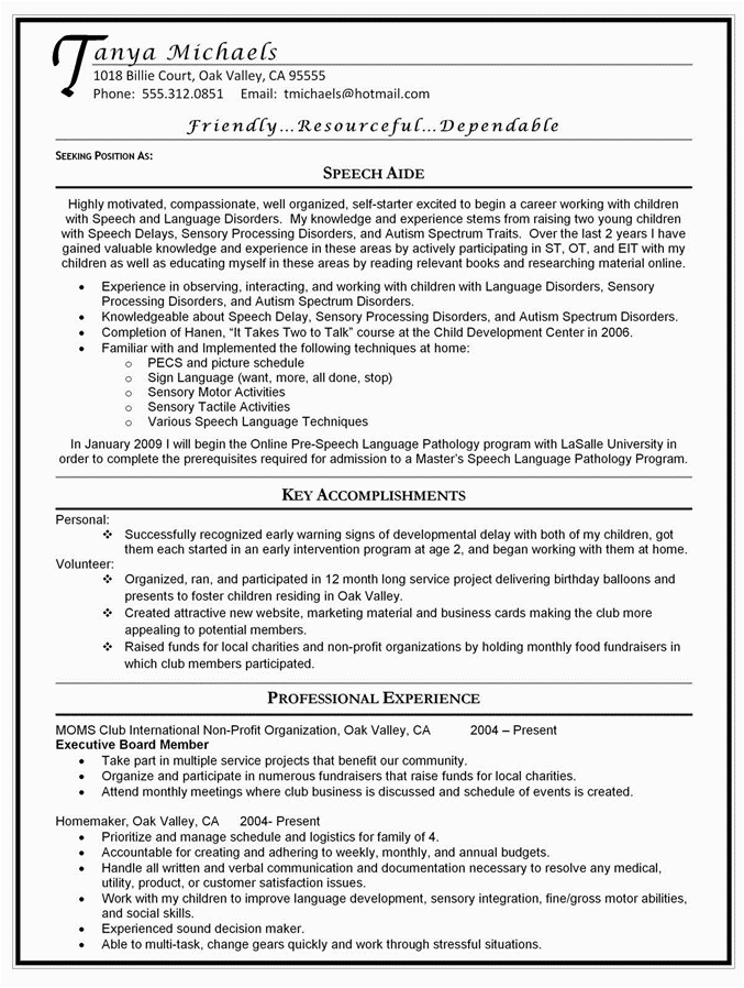 Resume Template for Moms Going Back to Work Resume for Stay at Home Moms Returning to Work Examples