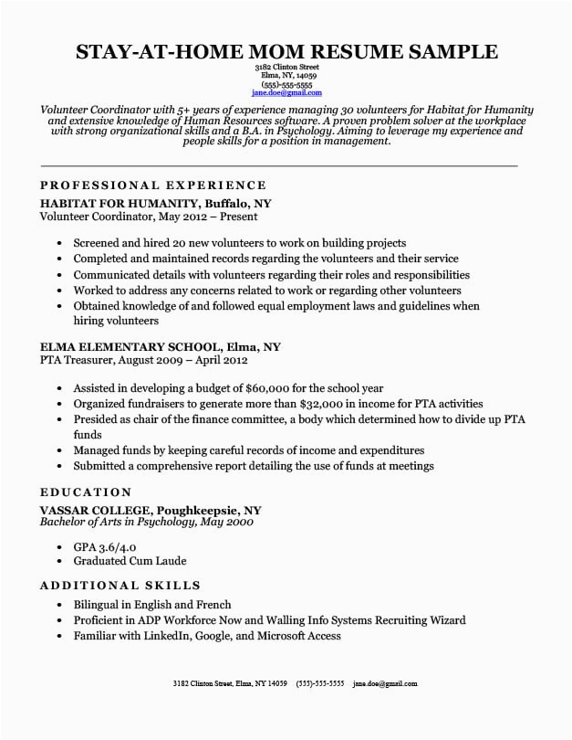 Resume Template for Moms Going Back to Work Stay at Home Mom Resumes Samples